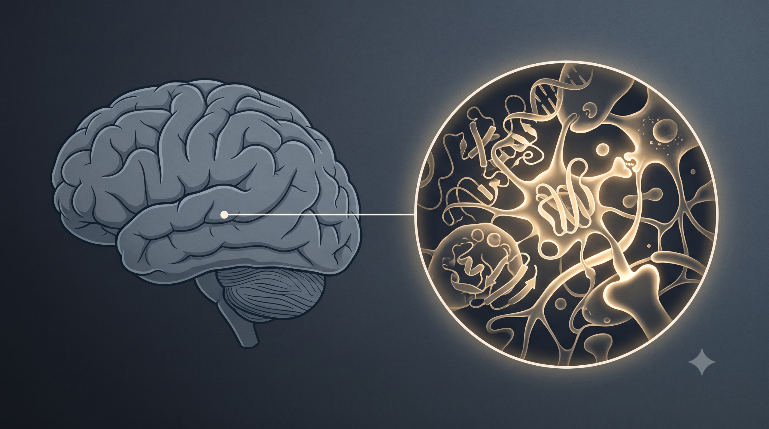 Illustration of a brain with a zoomed detail of microscopic molecular activity
