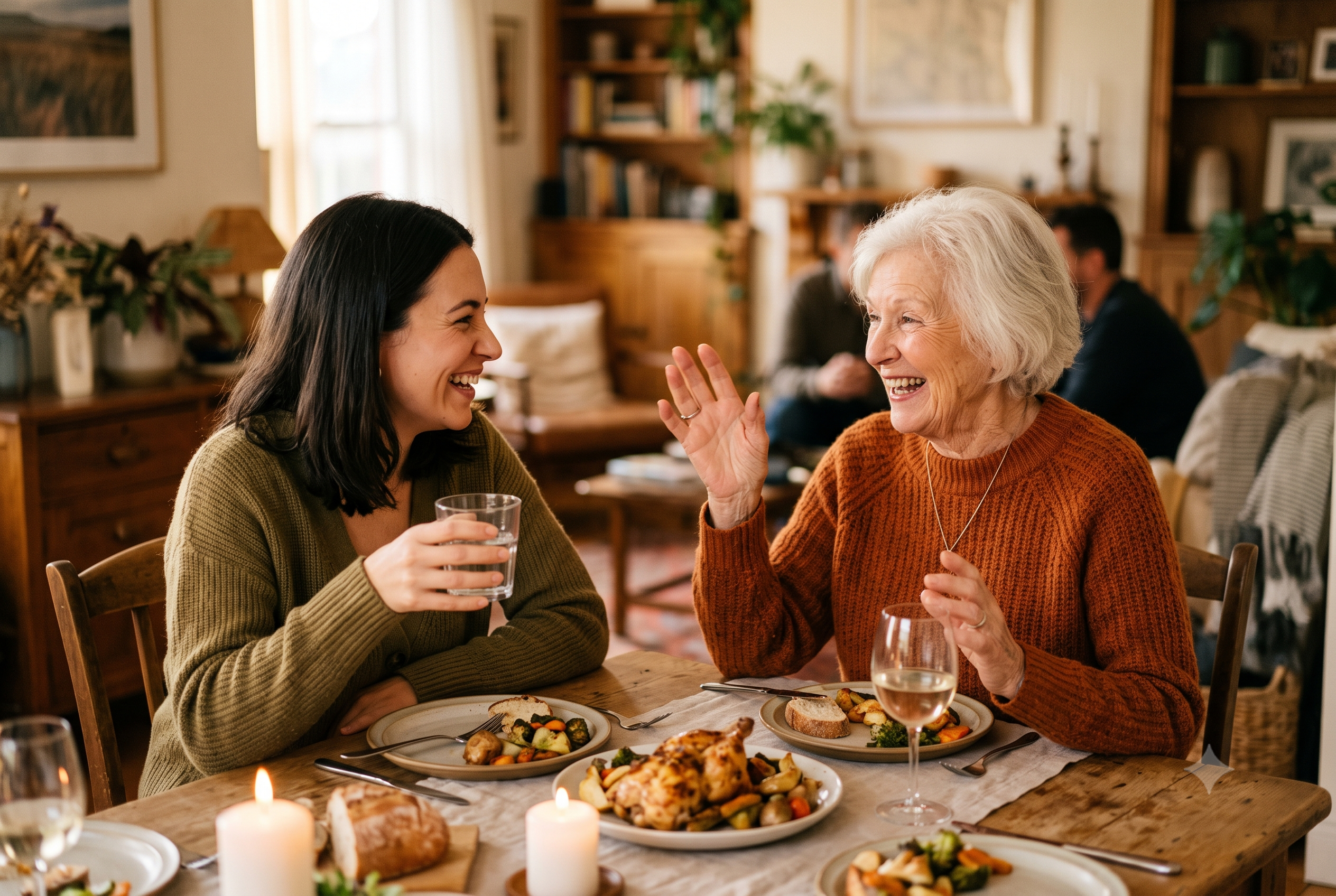Older woman sharing a story with an adult family member at the dinner table